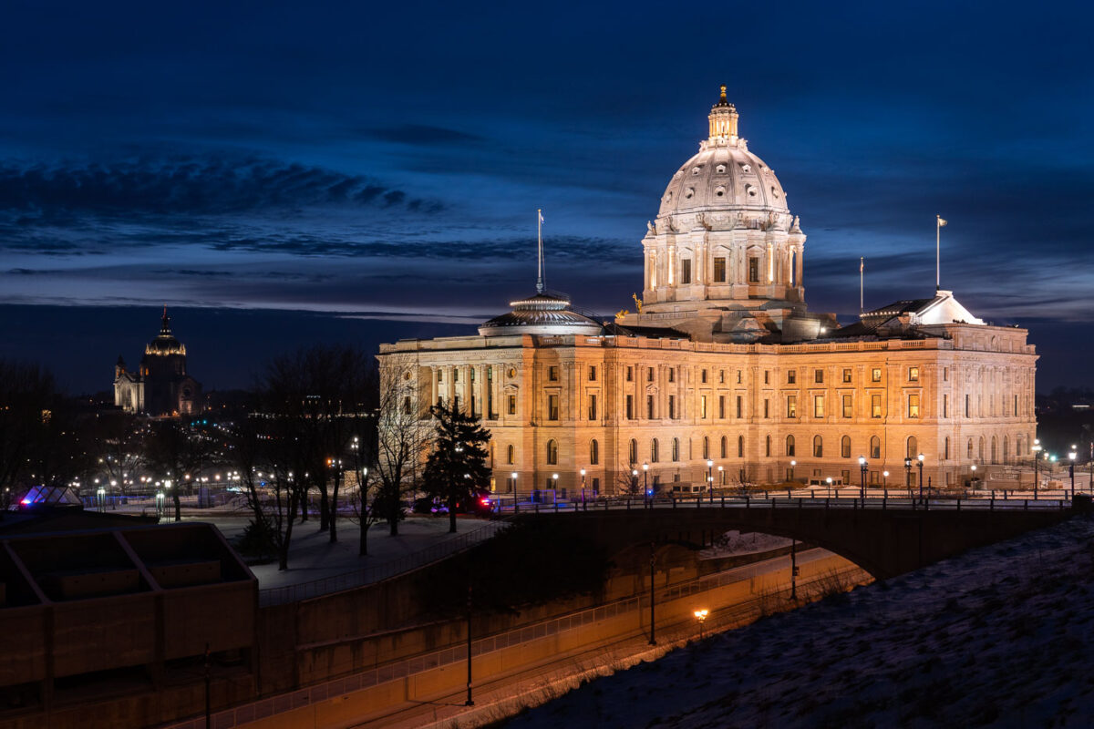 Minnesota State Capitol on the evening of an Insurrection at the US Capitol.