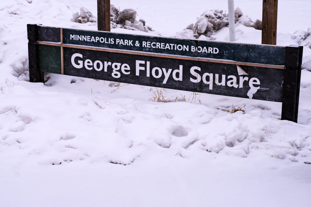 A repurposed Minneapolis Park & Recreation sign at George Floyd Square.