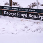 A repurposed Minneapolis Park & Recreation sign at George Floyd Square.