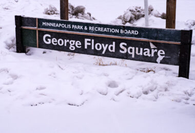 A repurposed Minneapolis Park & Recreation sign at George Floyd Square.