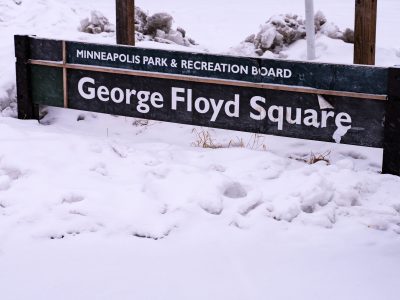 Minneapolis Park & Rec Sign at George Floyd Square in Snow
