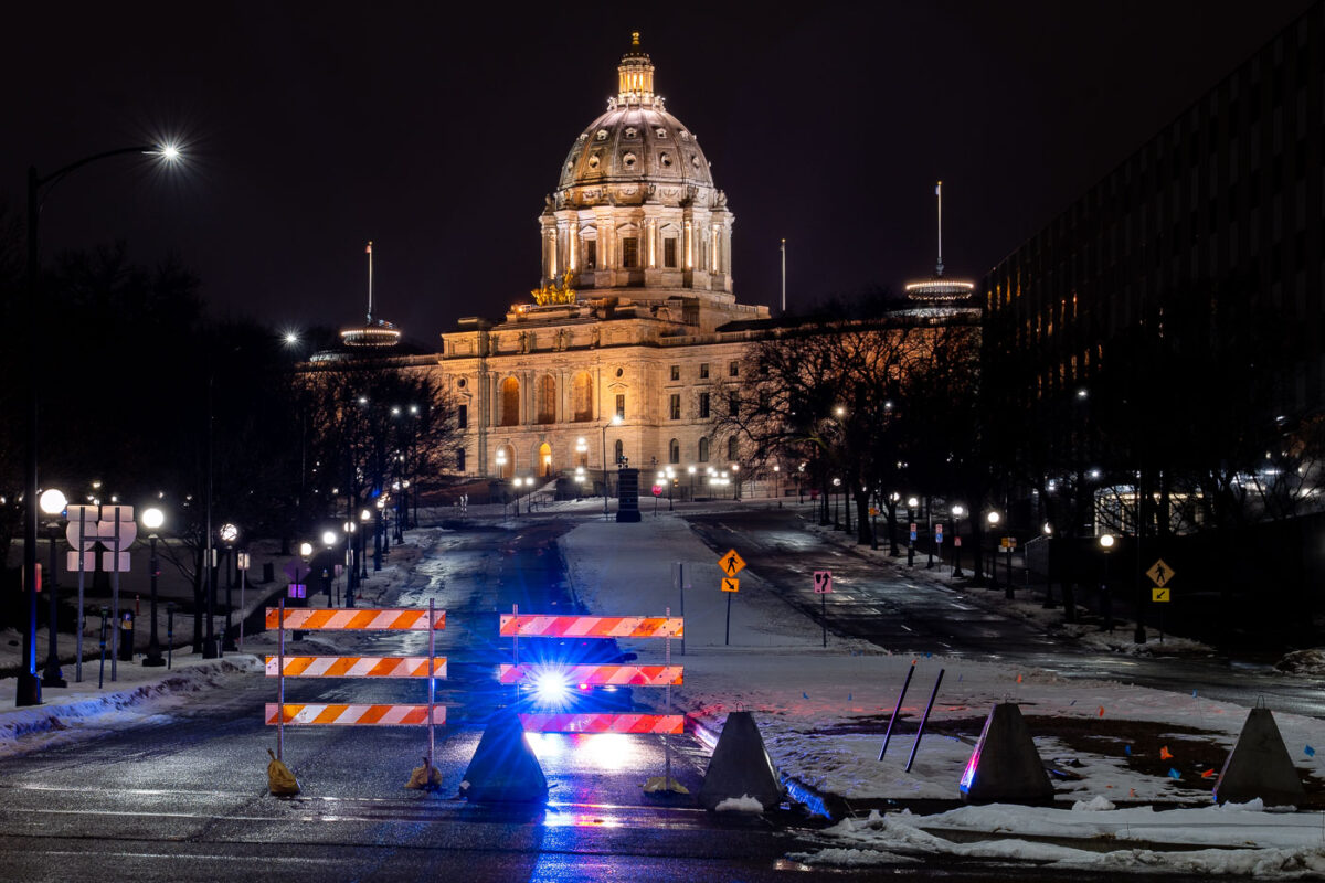 Barriers and State Patrol guard the Minnesota State Capitol the weekend before the Presidential inauguration. 

This after an FBI affidavit mentioning potential protests at State Capitols on the weekend of January 16th, 2021 following the January 6th, 2021 insurrection at the United States Capitol.