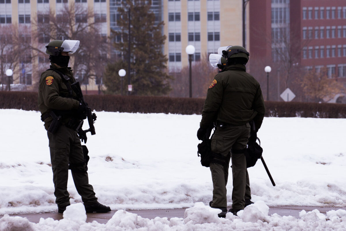 Law enforcement guards the Minnesota State Capitol.