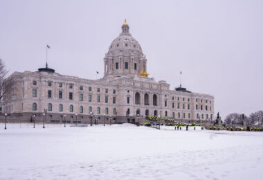 Minnesota State Patrol guards the State Capitol on reports of possible protests following a January 6th, 2021 insurrection at the United States Capitol. 3 Trump supporters at a rally.