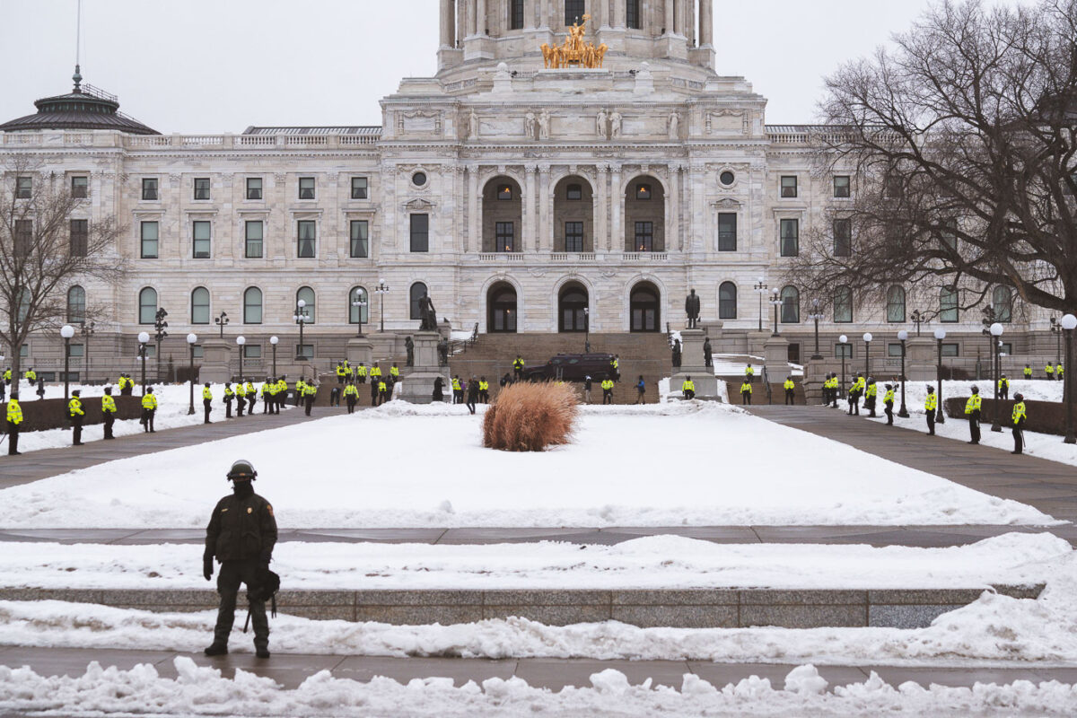 Minnesota law enforcement surround the Minnesota State Capitol about 10 days after the attack on the United States Capitol.