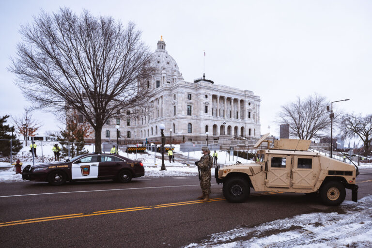 National Guard at a Stop The Steal protest in St. Paul 1 Minnesota National Guard and the State Patrol stationed around the Minnesota State Capitol.