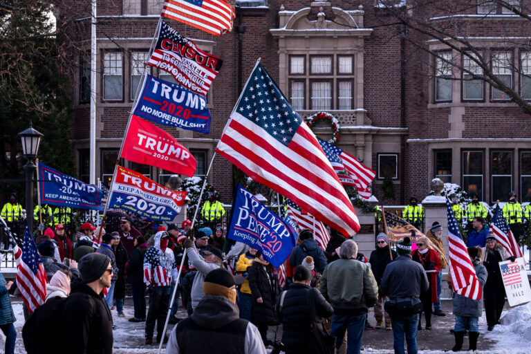 Protesters at Minnesota Governor's Mansion on January 6th 4 Minnesota State Patrol outside the Governor's Mansion while the attack on the US Capitol is occurring. Governor Walz says the State Patrol came into the residence for the first time to remove his son over safety concerns.