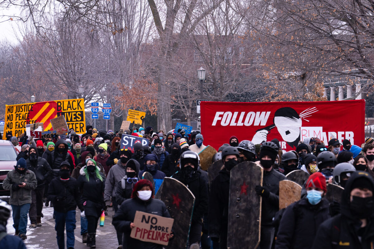 “The People’s March” on it’s way in St. Paul. Protesters marching for “Cash not covid”, “Community not cops”, “People not pipelines”, and “Politics without proud boys”.