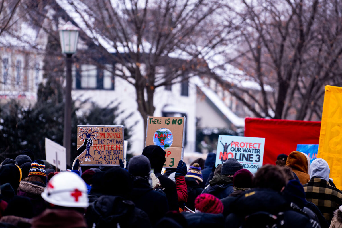 “The People’s March” on it’s way in St. Paul. Protesters marching for “Cash not covid”, “Community not cops”, “People not pipelines”, and “Politics without proud boys”.