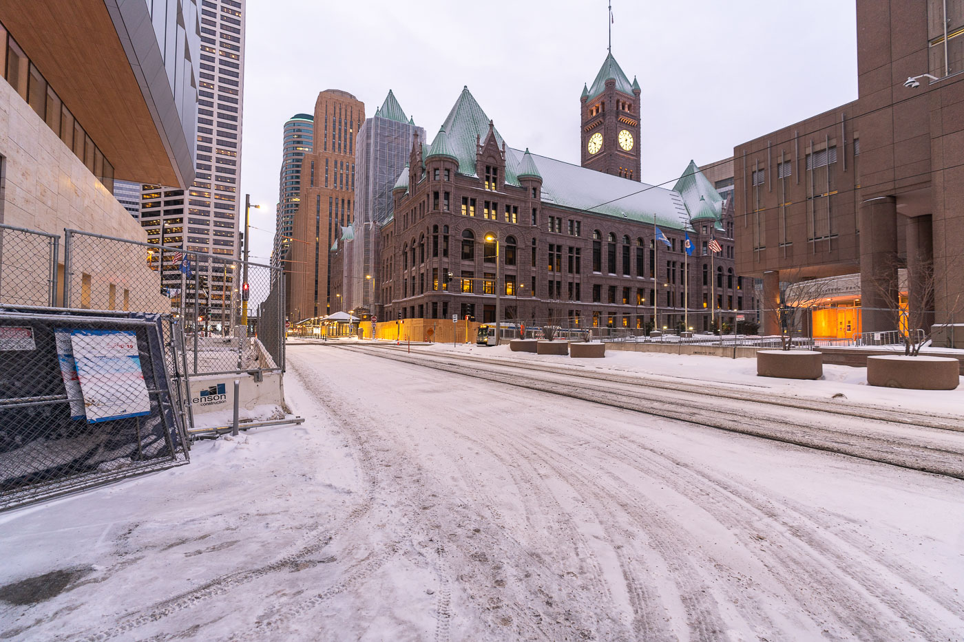 Minneapolis City Hall in downtown Minneapolis. Security fencing going up around buildings in the area in preperation for the Derek Chauvin trial.