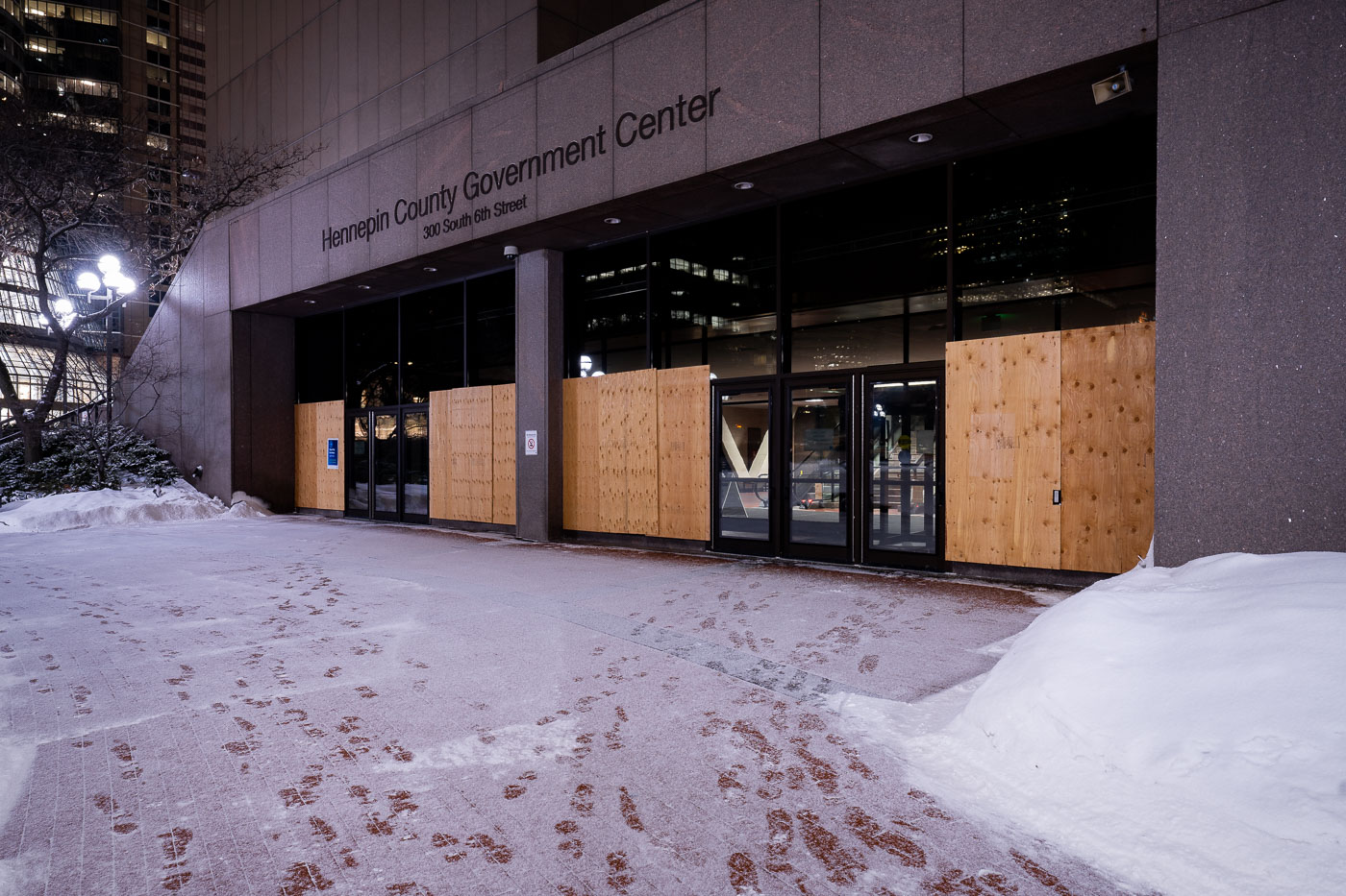 February 17, 2021 - Minneapolis -- The Hennepin County Government Center in downtown Minneapolis is where former Minneapolis Police officer Derek Chauvin's trial over the death of George Floyd will take place. Jury selection starts on March 8th, 2021. The area around the courtroom is being secured by barricades and layers of fencing in preperation for unrest.