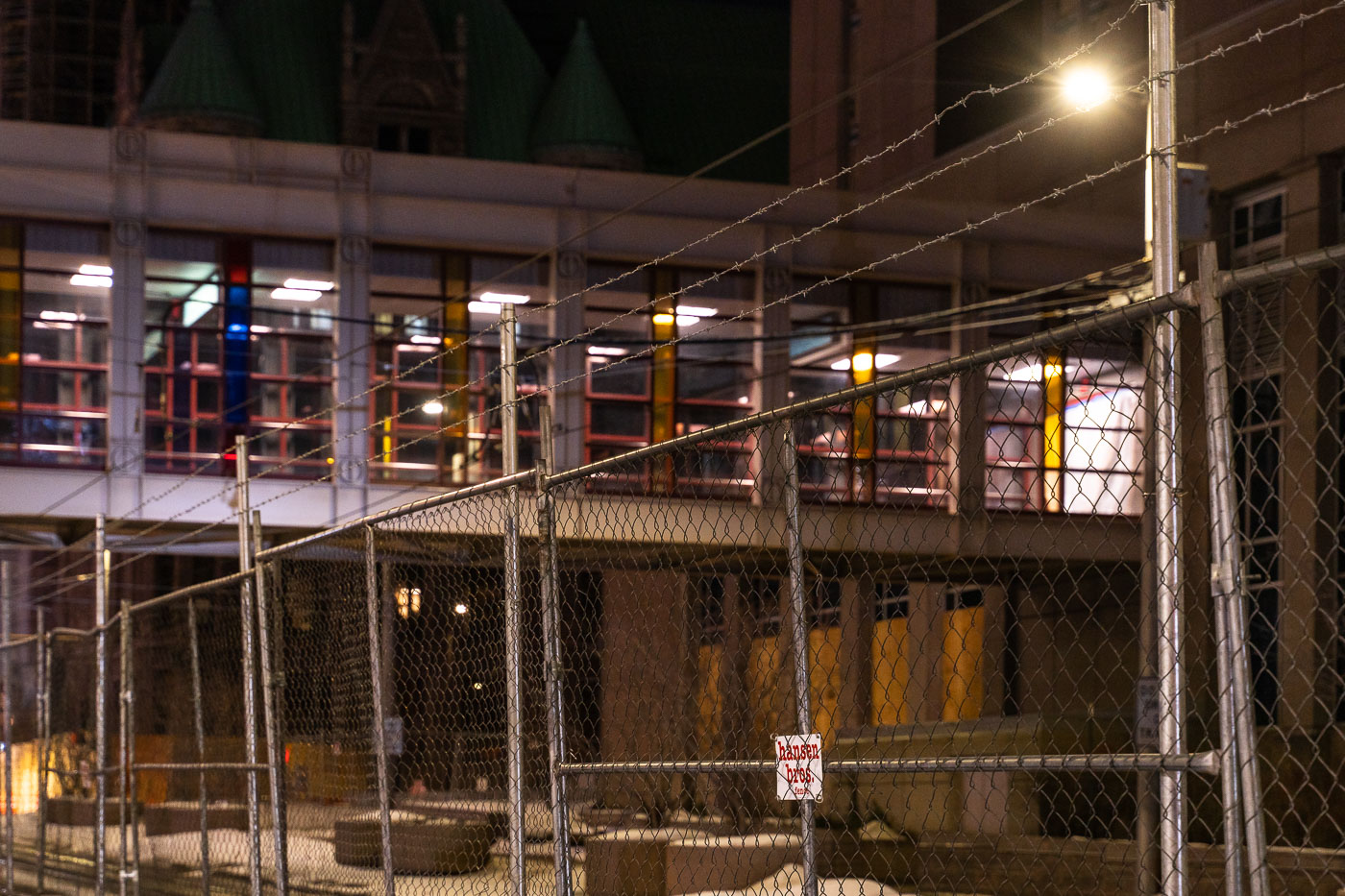 February 22, 2021 - Minneapolis -- Barbed wire fencing put up around government buildings in downtown Minneapolis in preperation for the Derek Chauvin murder trial.