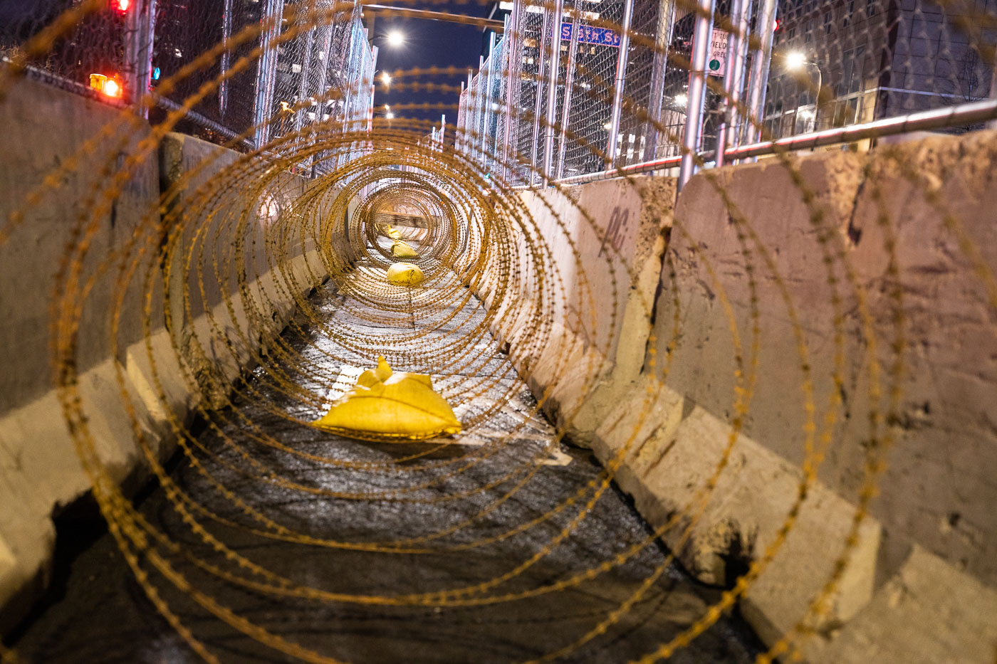 February 23, 2021 - Minneapolis -- Razor wire lined up between security fencing outside the Hennepin County Government Center where the Derek Chauvin trial begins on March 8th, 2021.