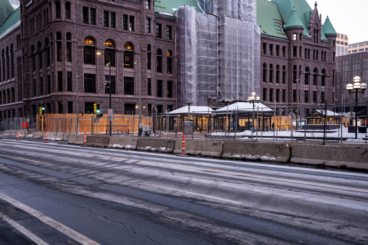 Minneapolis City Hall and the Hennepin County Government Center with security fencing and boards in preparation for the Derek Chauvin murder trial.