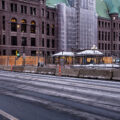 Minneapolis City Hall and the Hennepin County Government Center with security fencing and boards in preparation for the Derek Chauvin murder trial.