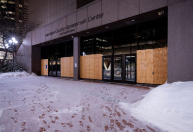 February 17, 2021 - Minneapolis -- The Hennepin County Government Center in downtown Minneapolis is where former Minneapolis Police officer Derek Chauvin's trial over the death of George Floyd will take place. Jury selection starts on March 8th, 2021. The area around the courtroom is being secured by barricades and layers of fencing in preperation for unrest.