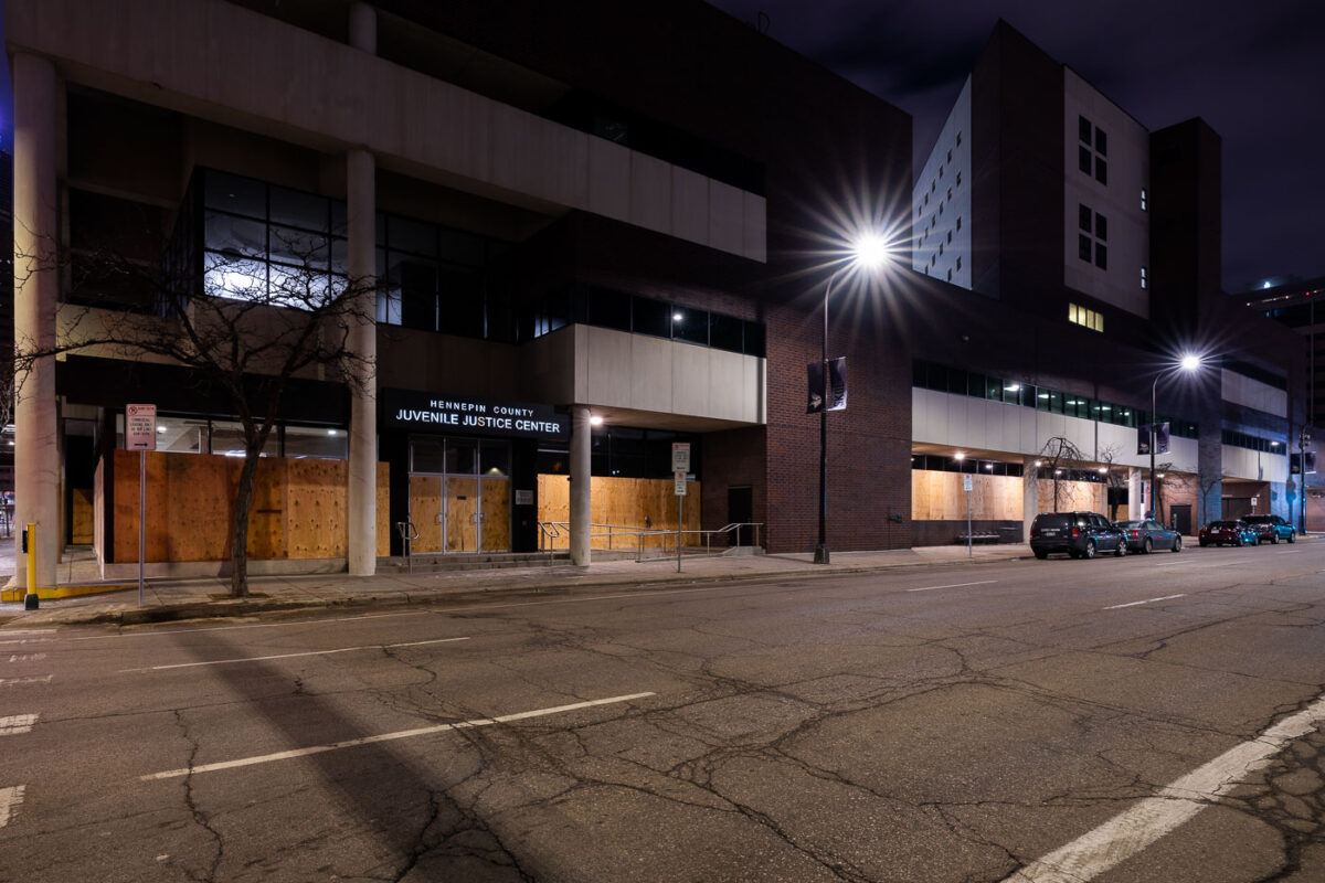 The Hennepin County Juvenile Justice Center with boarded windows in preparation for the Derek Chauvin murder trial.