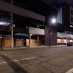 The Hennepin County Juvenile Justice Center with boarded windows in preparation for the Derek Chauvin murder trial.