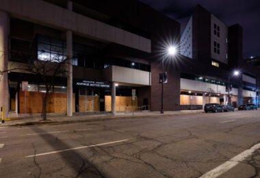 The Hennepin County Juvenile Justice Center with boarded windows in preparation for the Derek Chauvin murder trial.