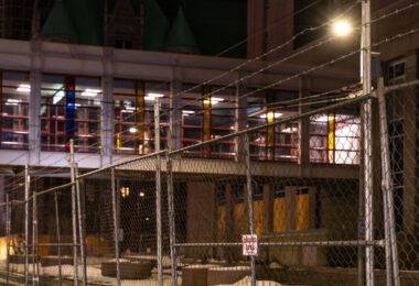 February 22, 2021 - Minneapolis -- Barbed wire fencing put up around government buildings in downtown Minneapolis in preperation for the Derek Chauvin murder trial.