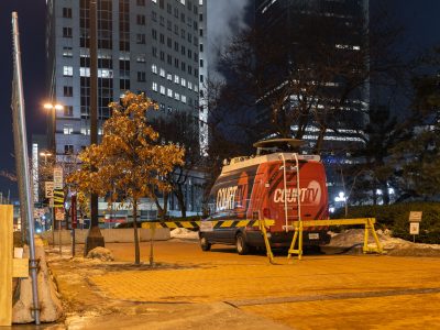 Court TV Satellite Truck Parked at Night Near Hennepin County Government Center