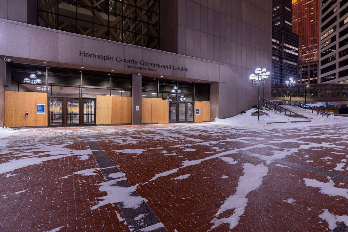 The Hennepin County Government Center in downtown Minneapolis with boards on the doors prior to the Derek Chauvin murder trial.