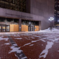 The Hennepin County Government Center in downtown Minneapolis with boards on the doors prior to the Derek Chauvin murder trial.