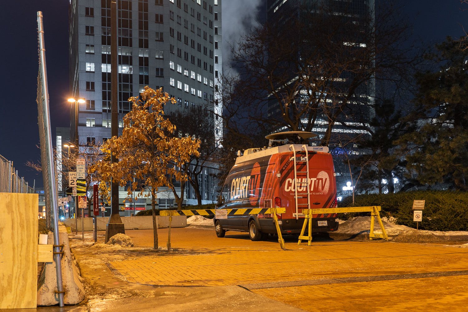 A CourtTV van parked outside the Hennepin County Government Center. CourtTV will be providing the cameras and video feed to the media pool during the Derek Chauvin Trial that begins March 8th. Chauvin is charged in the murder of George Floyd on May 25th, 2020.