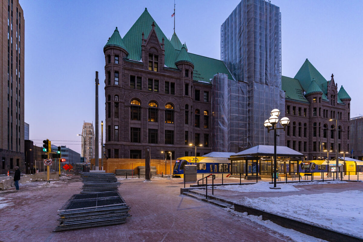 Fencing going up around Minneapolis City Hall and the Hennepin County Government Center in downtown Minneapolis. The unprecedented security measures are taking place 18 days before the start of the Derek Chauvin murder trial. Chauvin is charged in the May 25th death of George Floyd.