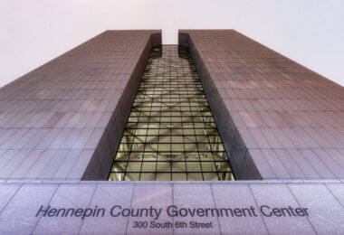 February 17, 2021 - Minneapolis -- The Hennepin County Government Center in downtown Minneapolis is where former Minneapolis Police officer Derek Chauvin's trial over the death of George Floyd will take place. Jury selection starts on March 8th, 2021. The area around the courtroom is being secured by barricades and layers of fencing in preperation for unrest.
