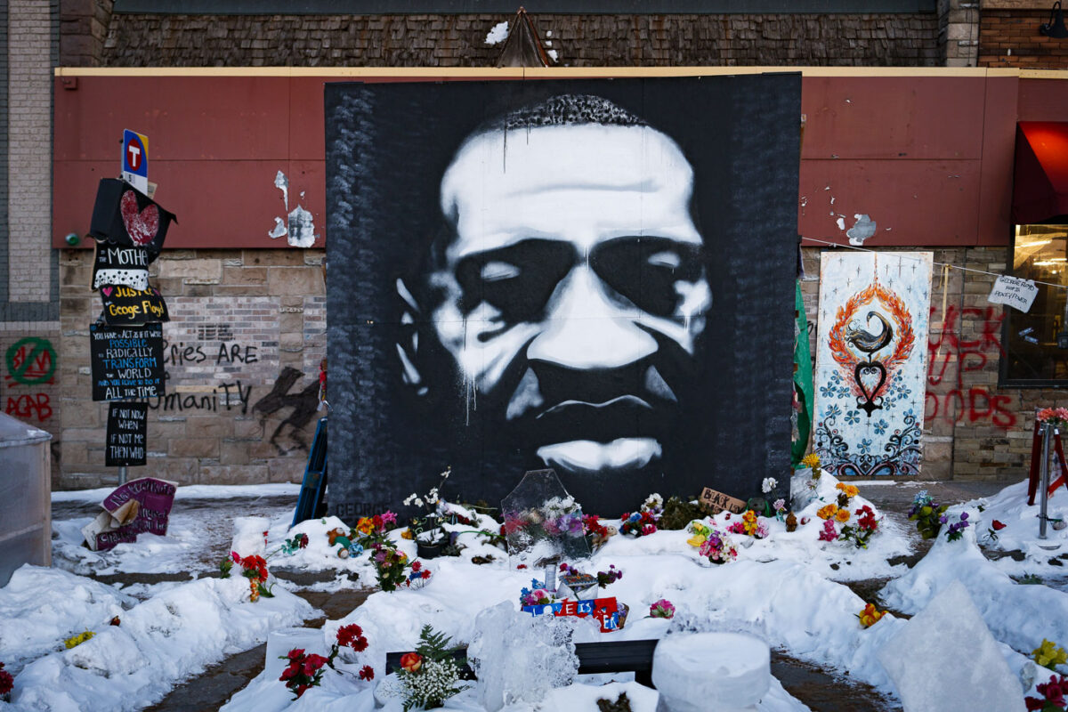 The George Floyd mural at George Floyd Square in South Minneapolis in Winter 2021.