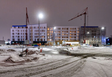 The rebuilding of the Midtown Corner six-story apartment building. It was still under construction when it burned during unrest. It’s located a block away from the Minneapolis Police third precinct.