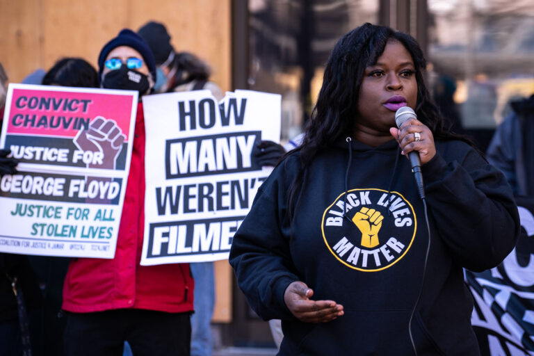 Nekima Levy Armstrong in Downtown Minneapolis 1 Activists held a press conference this afternoon outside the government center to announce a March 8th protest. They say the fortification of government buildings and acting like the people are the problem is not going to stop this community from demanding justice and change.
