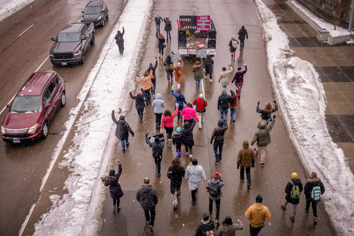 About 70 marched down Lake Street in a march organized by Save The Boards to Memorialize the Movement and Visual Black Justice. They demand the President take action to abolish the death penalty, re-open all police murder cases, & defund/de-militarize police.