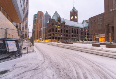 Minneapolis City Hall in downtown Minneapolis. Security fencing going up around buildings in the area in preperation for the Derek Chauvin trial.