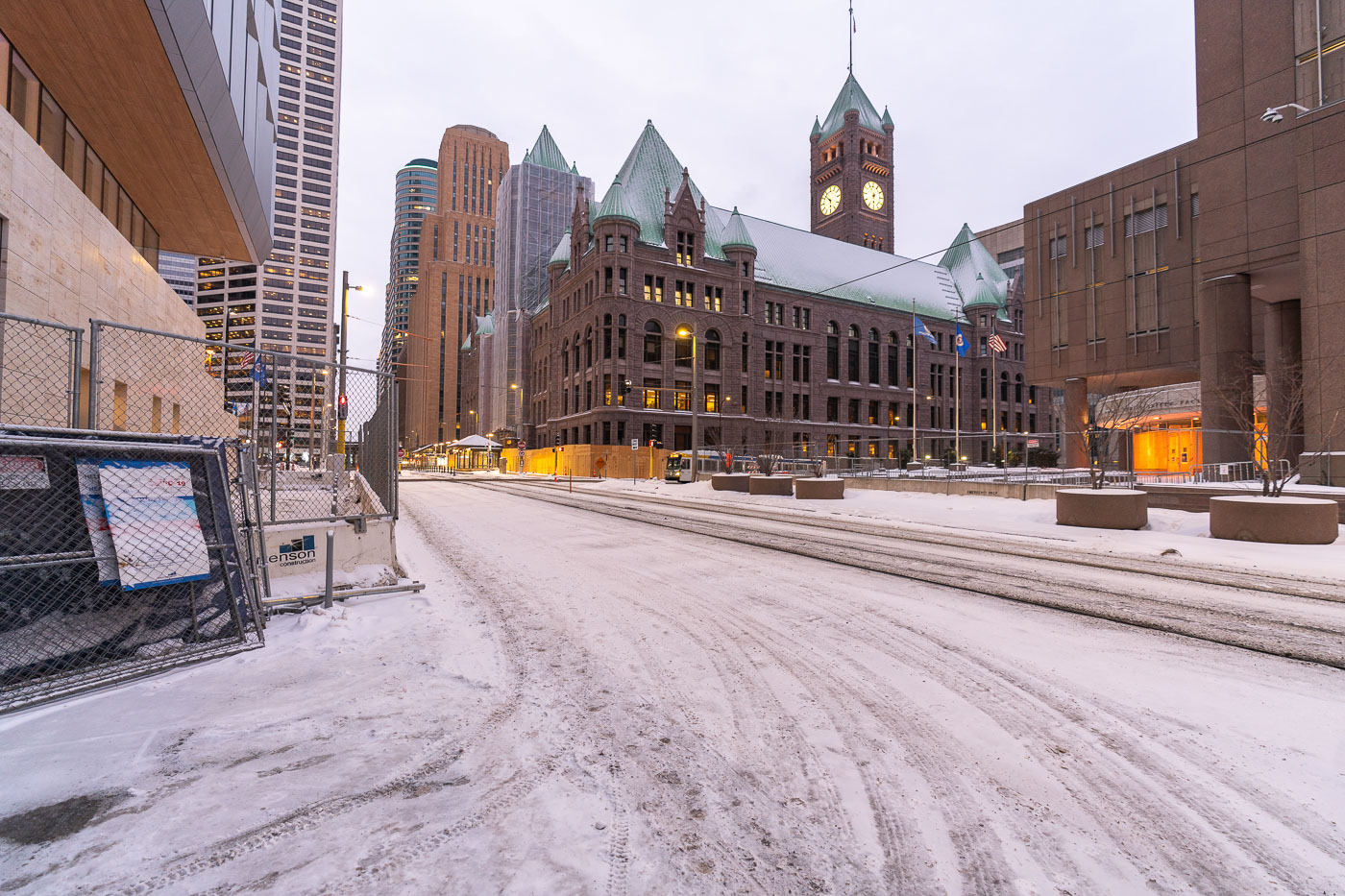 Minneapolis City Hall in downtown Minneapolis. Security fencing going up around buildings in the area in preperation for the Derek Chauvin trial.