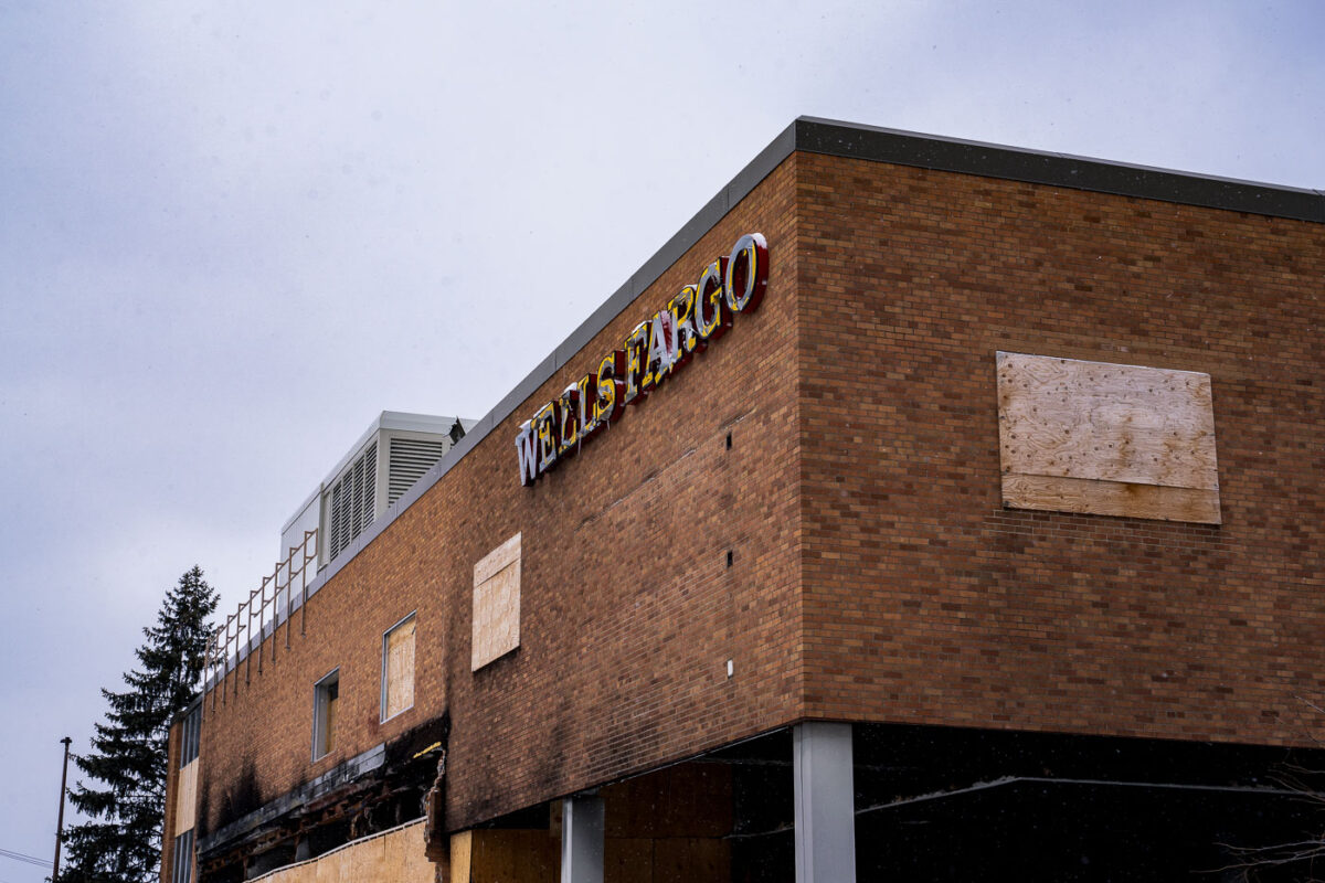 Wells Fargo Bank on Nicollet Ave in South Minneapolis after it was burned during unrest over the 2020 death of George Floyd. The bank sits across from the Minneapolis Police Fifth Precinct.