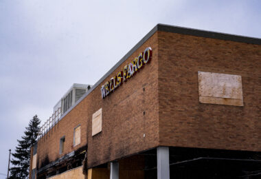 Wells Fargo Bank on Nicollet Ave in South Minneapolis after it was burned during unrest over the 2020 death of George Floyd. The bank sits across from the Minneapolis Police Fifth Precinct.