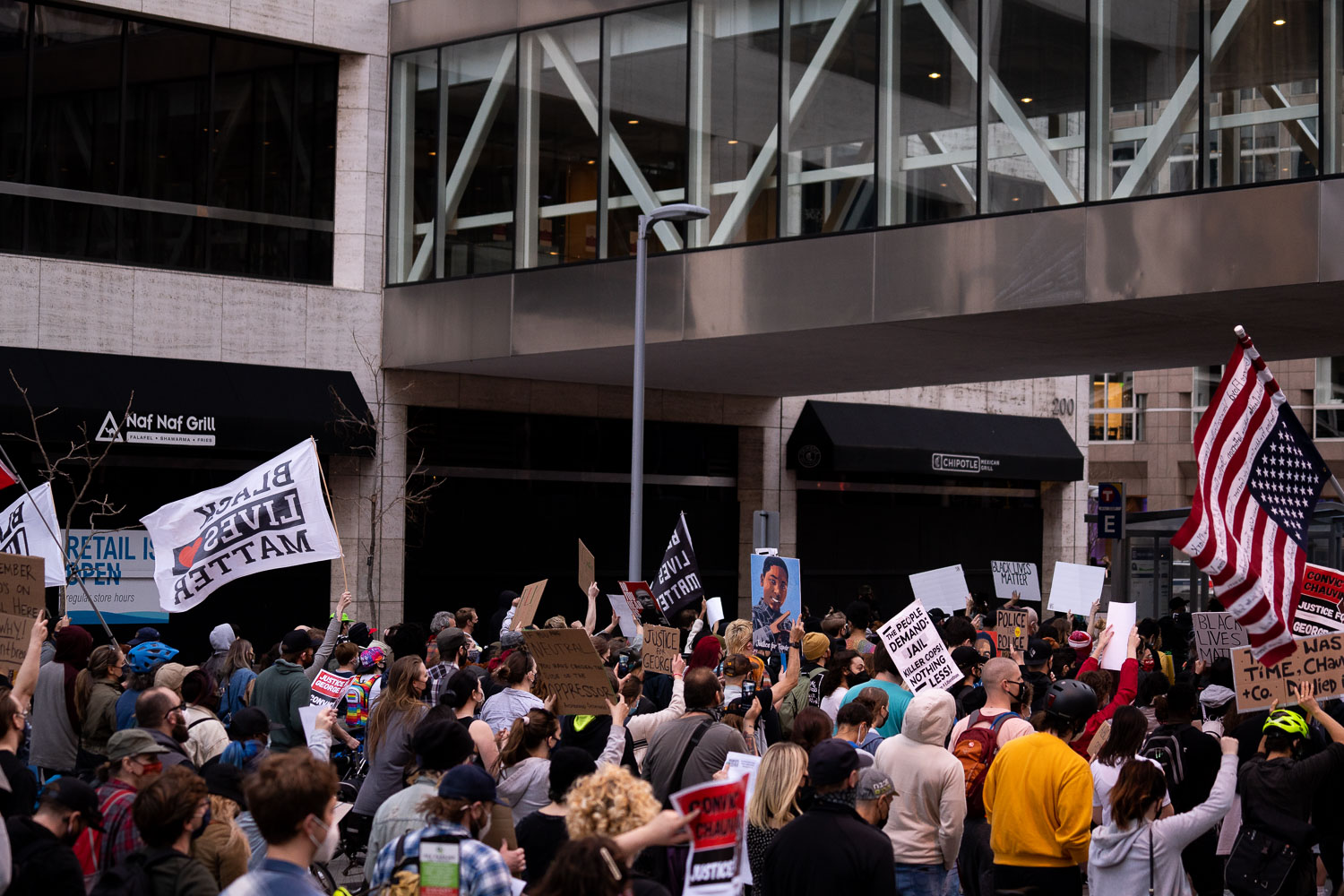Protesters rally and march through Downtown Minneapolis on the day opening statements began in the Derek Chauvin murder trial. Chauvin is accused of murdering George Floyd on May 25th, 2020.