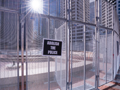 Abolish The Police sign on courthouse fencing, Minneapolis