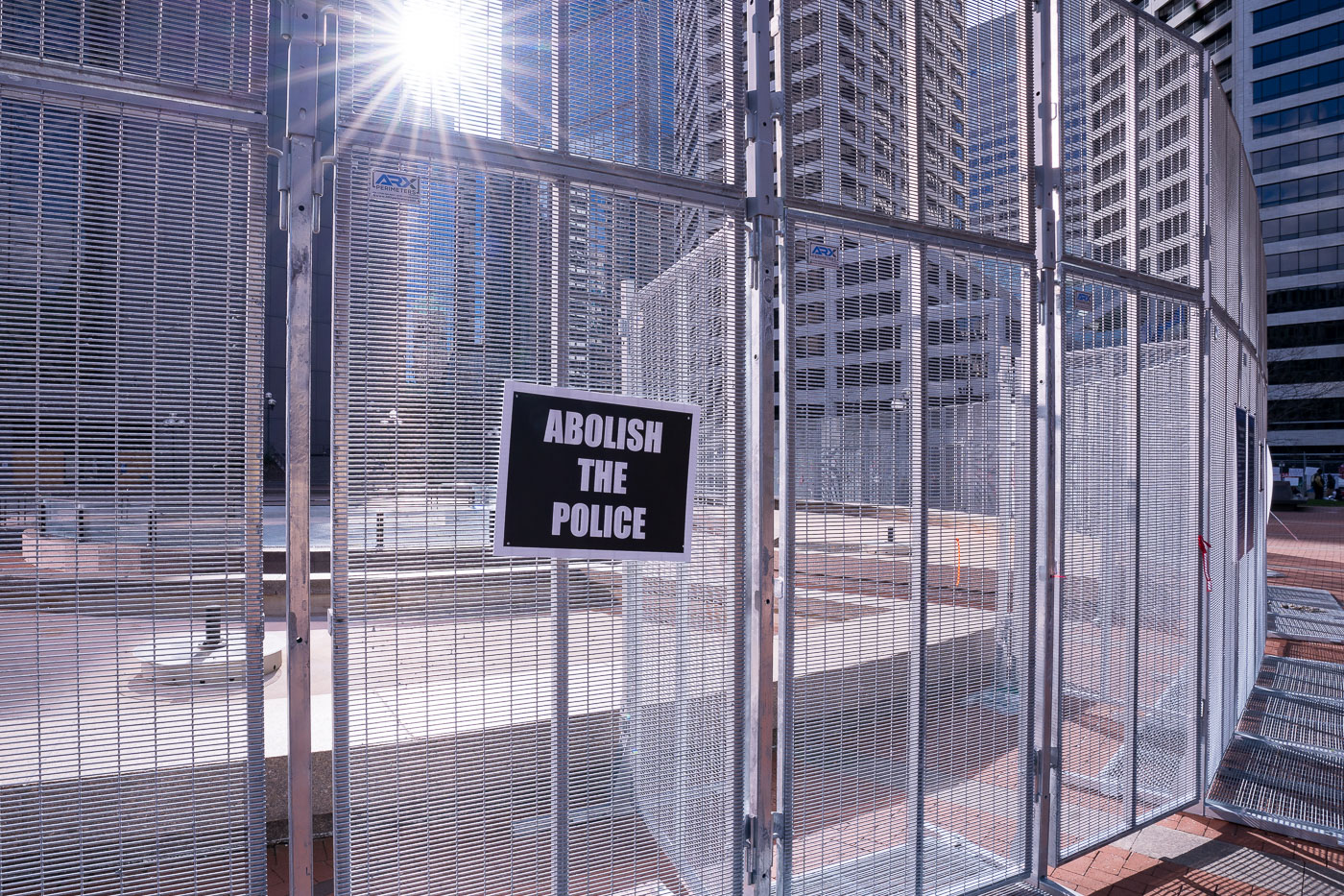 Abolish the Police sign on courthouse fencing in Minneapolis