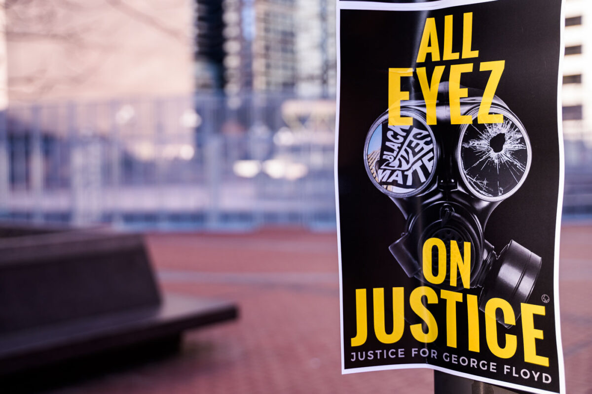 All Eyez On Justice, Justice for George Floyd flyer seen outside the courthouse where Derek Chauvin is being tried for murder on March 29, 2021.