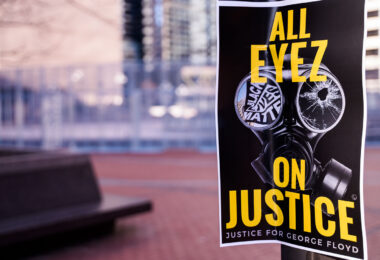 All Eyez On Justice, Justice for George Floyd flyer seen outside the courthouse where Derek Chauvin is being tried for murder on March 29, 2021.