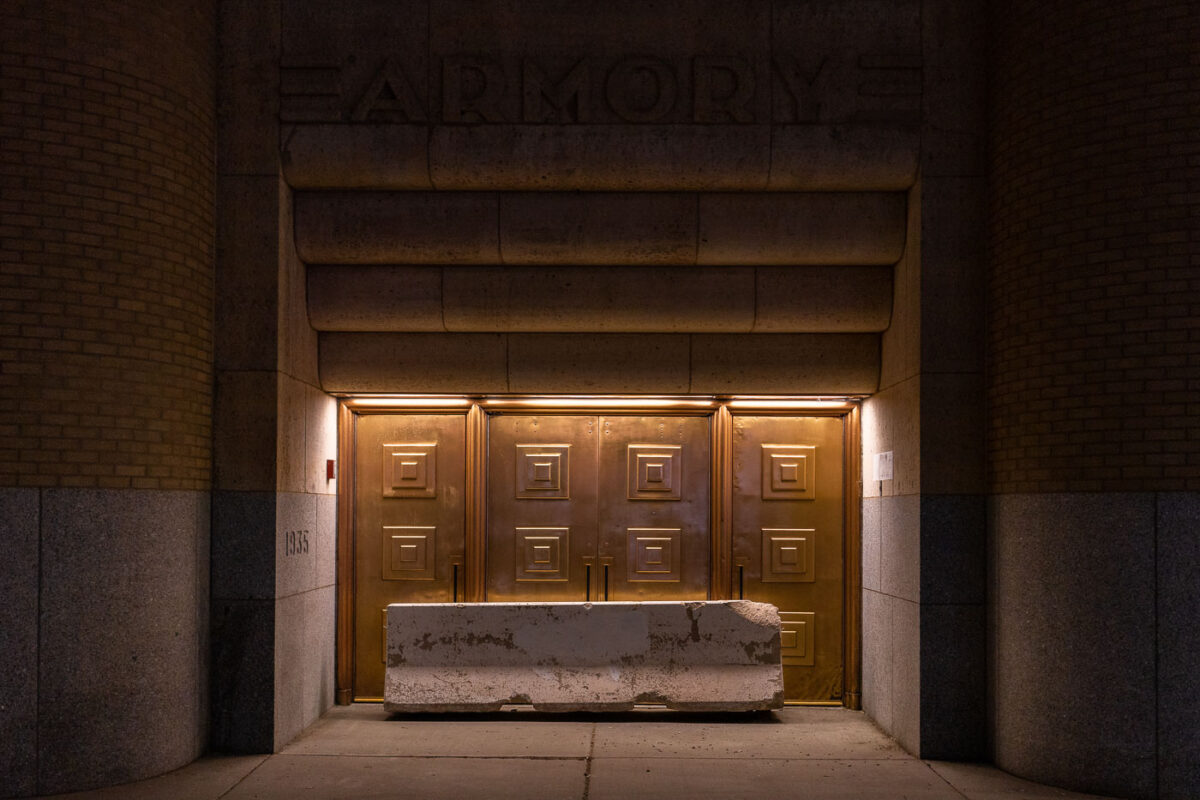 Concrete barricades in front of doors at The Amory concert venue in downtown Minneapolis.