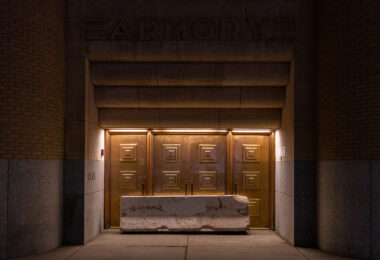 Concrete barricades in front of doors at The Amory concert venue in downtown Minneapolis.
