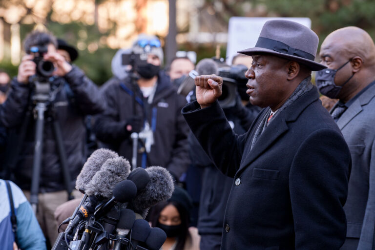 Ben Crump holds up fist outside Derek Chauvin murder trial 1 Ben Crump, the attorney for the George Floyd family speaks outside the Hennepin County Government Center prior to opening statements began in the Derek Chauvin murder trial. Chauvin is accused of murdering George Floyd on May 25th, 2020.