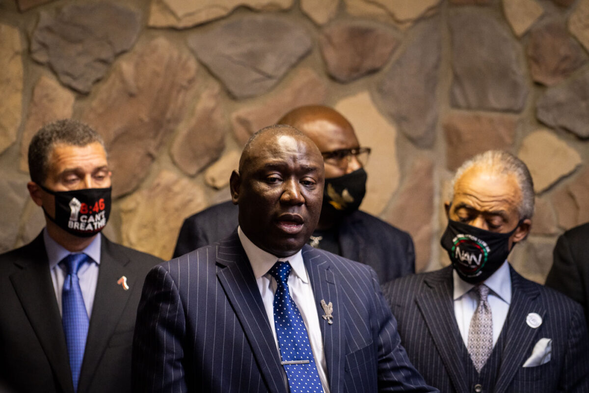 Ben Crump speaks at a press conference in Minneapolis on March 28, 2021 prior to opening statements in the Derek Chauvin murder trial.