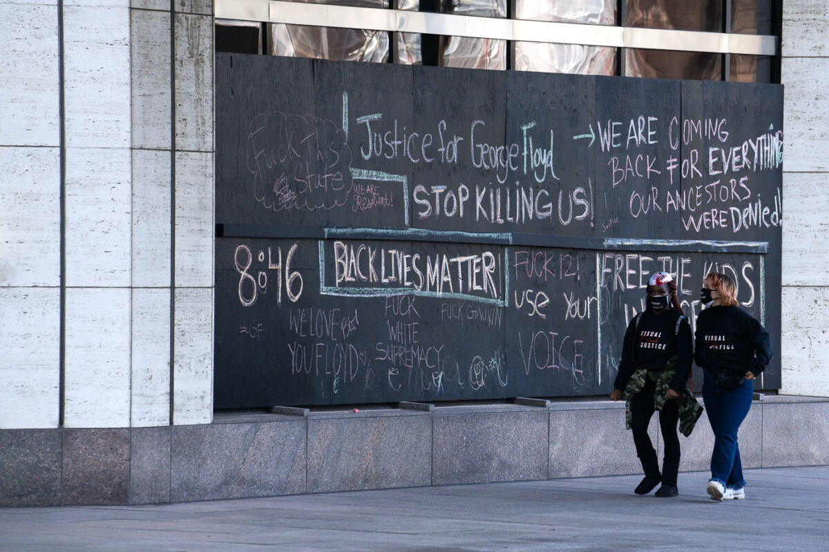 Protesters gathered outside the Hennepin County Government Center prior to the 8am start of the Derek Chauvin trial. Former Minneapolis Police Officer Derek Chauvin is charged in the murder of George Floyd on May 25th, 2020.