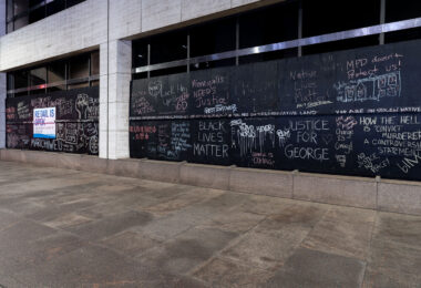 US Bank Plaza, across from the Government Center, put up black boards which prompted people to bring chalk. They've been somewhat of an ongoing messageboard that continuously changes.