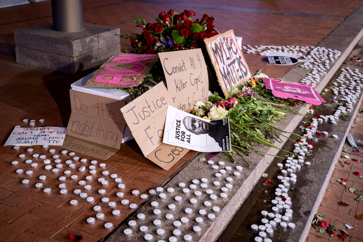 A George Floyd memorial outside the courthouse on March 7, 2021 in Minneapolis where the Derek Chauvin murder trial is taking place.